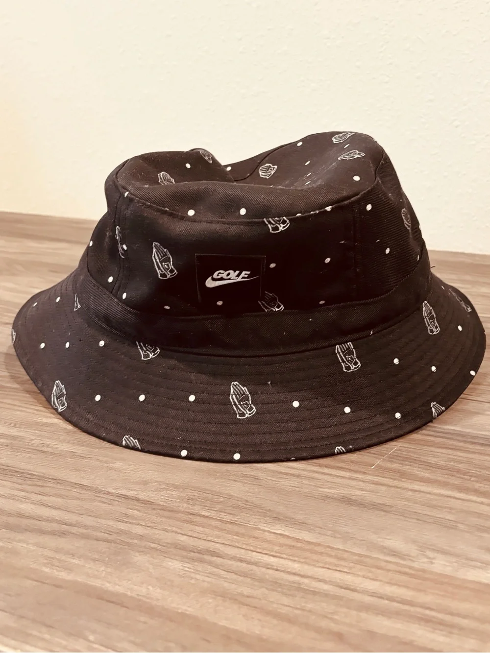 Nike Black Bucket Hat with White Praying Hands & Dot Pattern Sporty Activewear